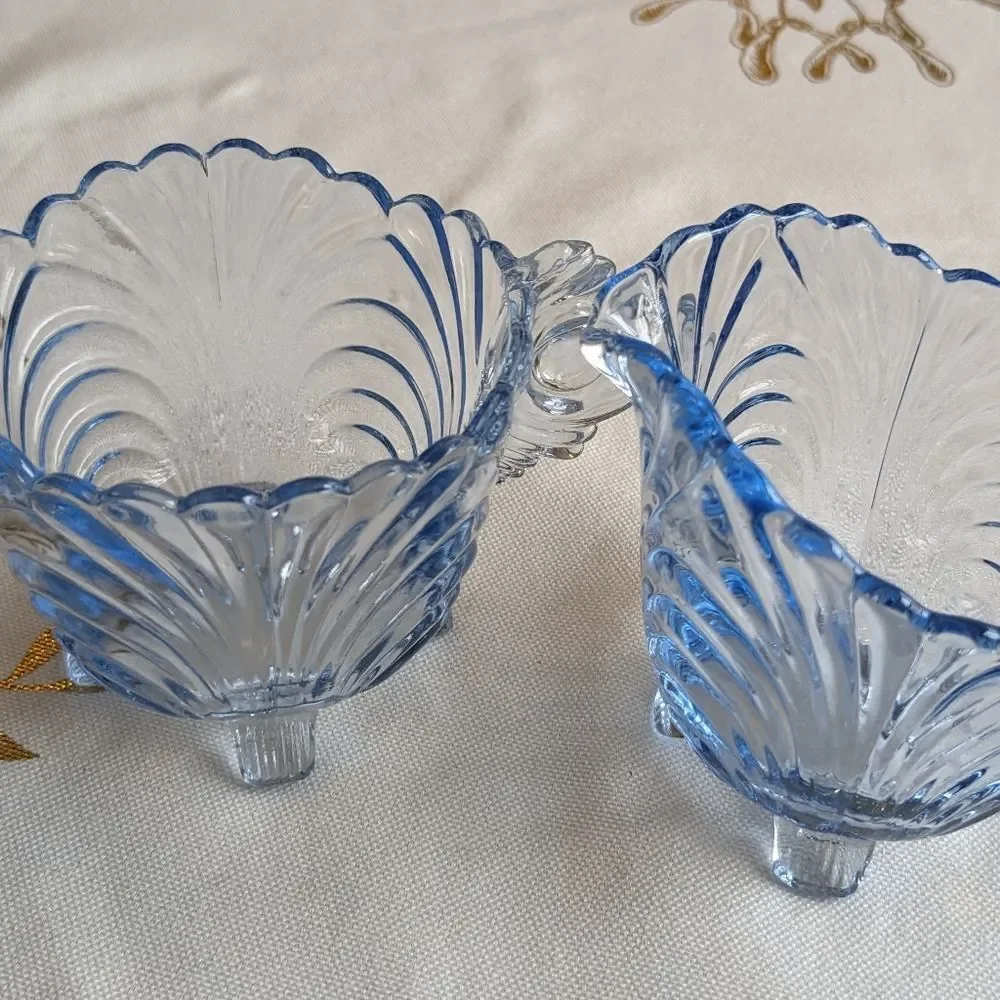 Cambridge Caprice Moonlight Blue Footed Creamer & Sugar Bowl Vtg MidcenturySwirl
